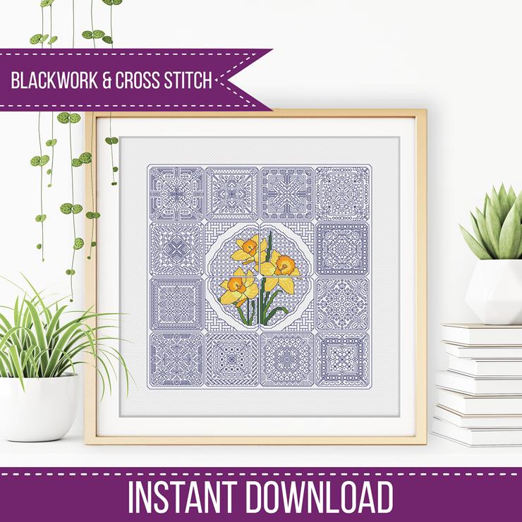 Dutch Tiles - Daffodils - Blackwork Patterns & Cross Stitch by Peppermint Purple