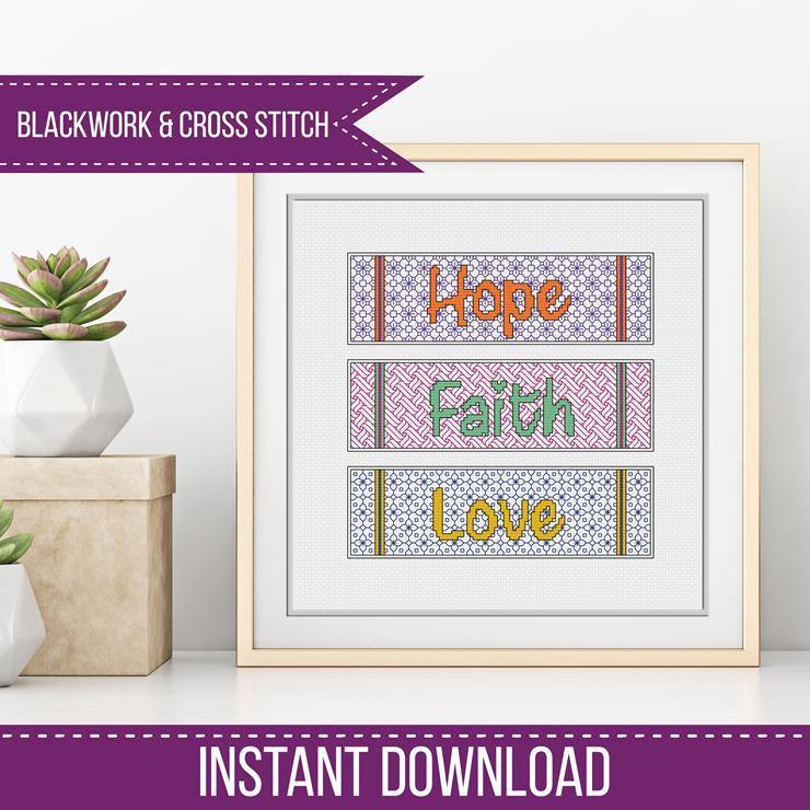 Faith, Love, Hope Bookmarks - Blackwork Patterns & Cross Stitch by Peppermint Purple