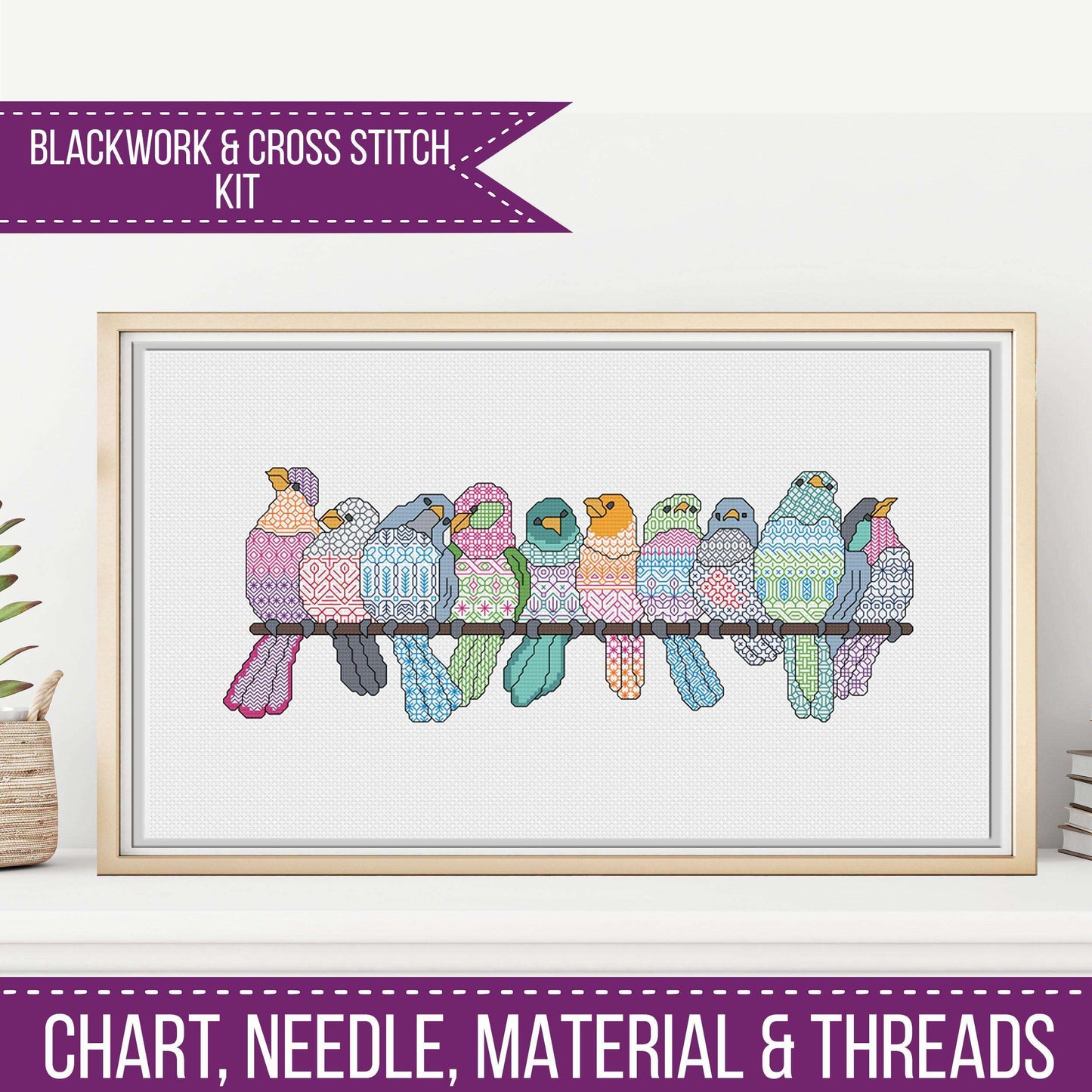 Just Birds Blackwork Kit - Blackwork Patterns & Cross Stitch by Peppermint Purple