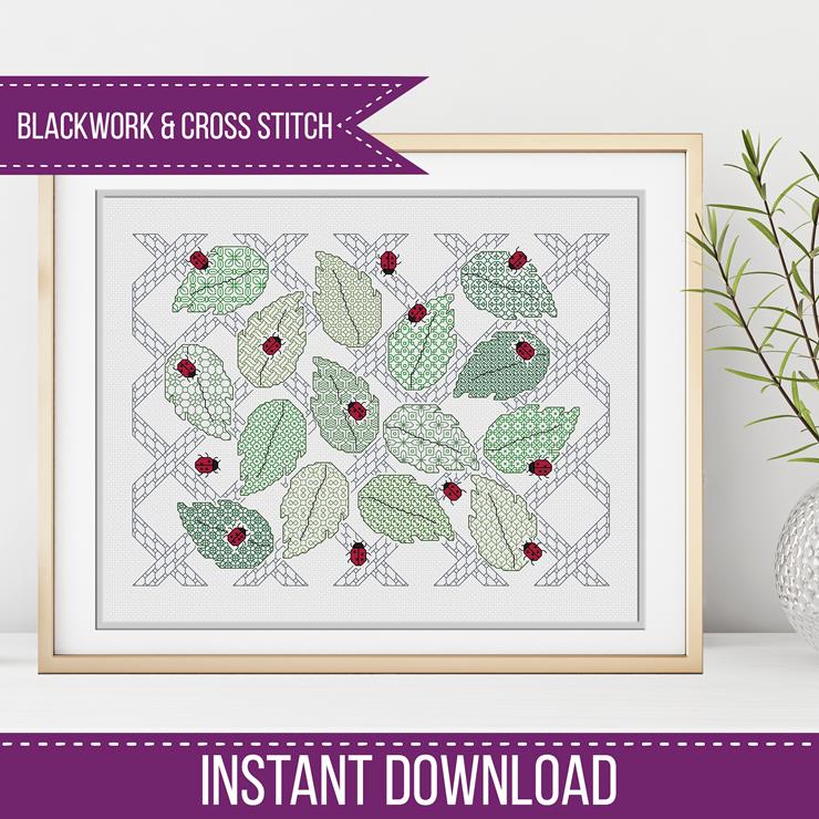 Ladybugs & Leaves Blackwork - Blackwork Patterns & Cross Stitch by Peppermint Purple