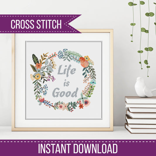 Life is Good Wreath - Blackwork Patterns & Cross Stitch by Peppermint Purple