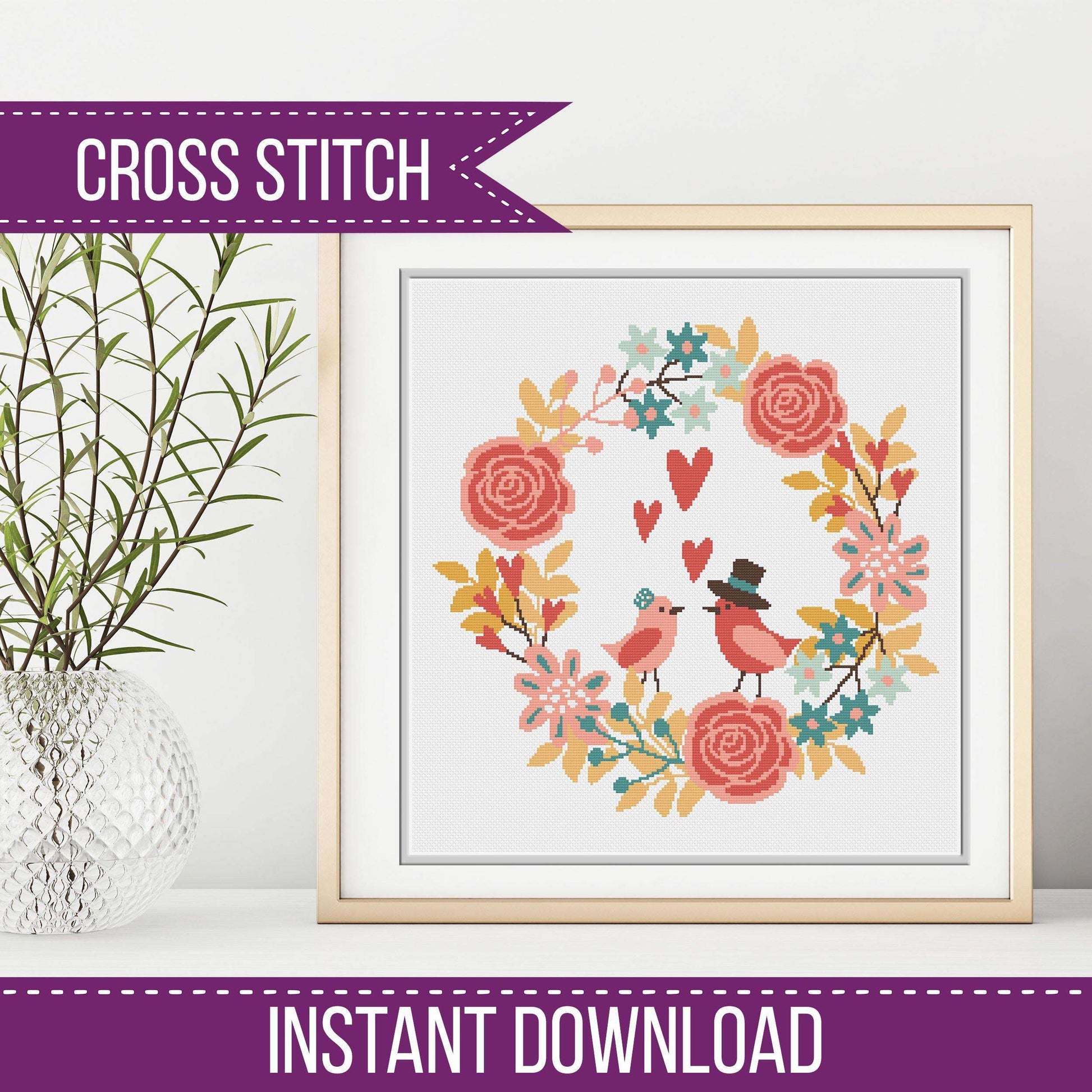 Love Birds Wreath Pattern - Blackwork Patterns & Cross Stitch by Peppermint Purple
