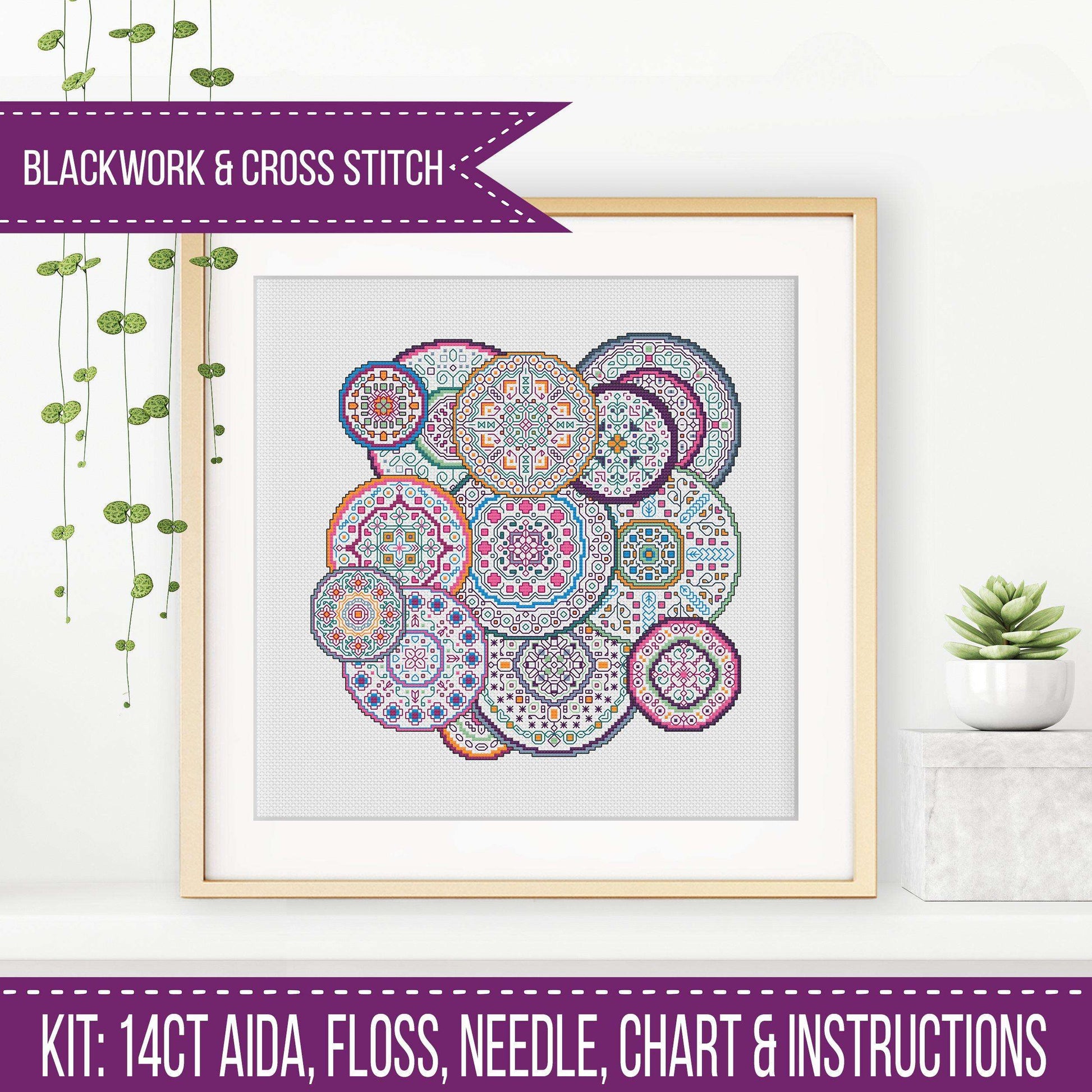 Mandala Millefiori Blackwork Kit - Blackwork Patterns & Cross Stitch by Peppermint Purple