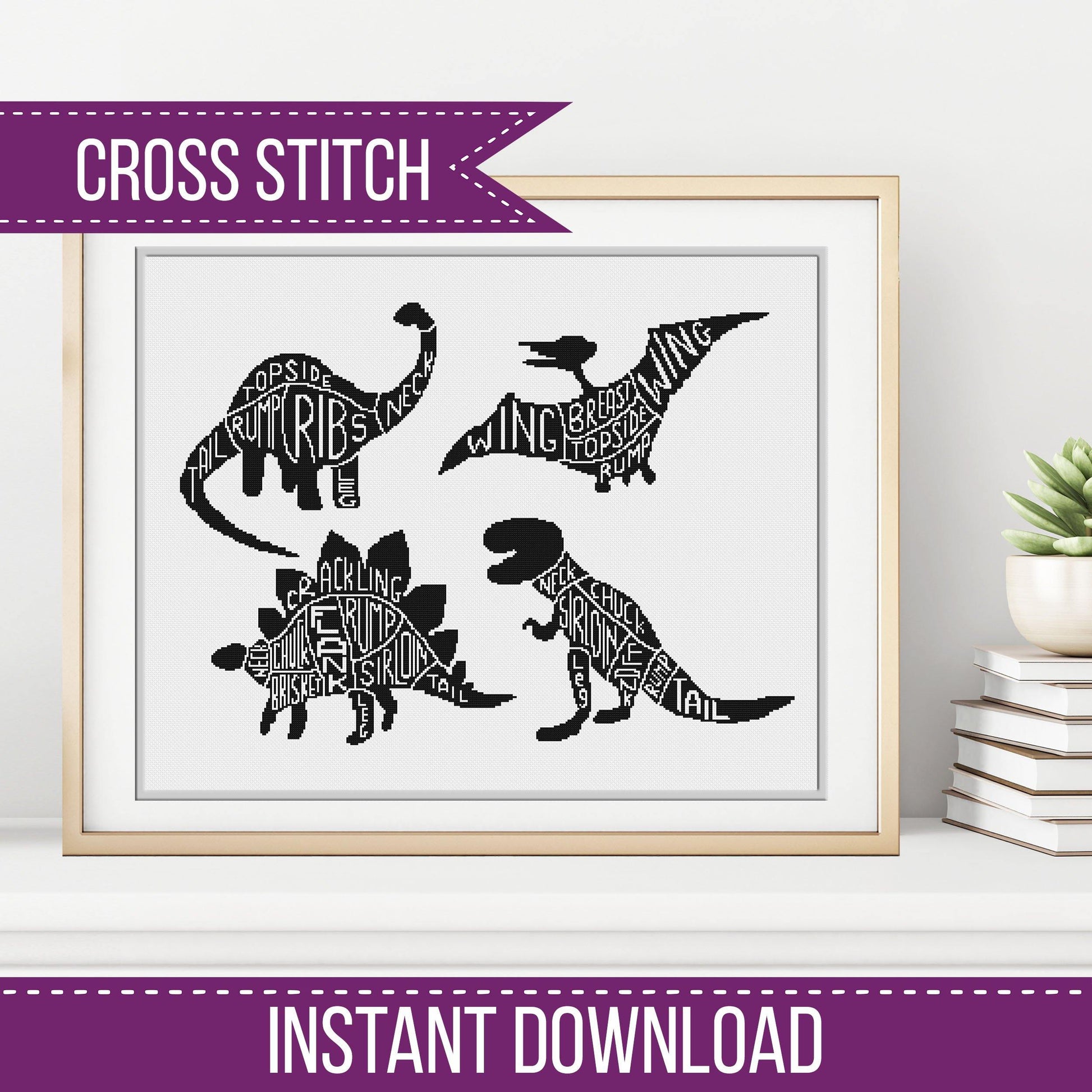 Meat Cuts - Dinosaurs - Blackwork Patterns & Cross Stitch by Peppermint Purple