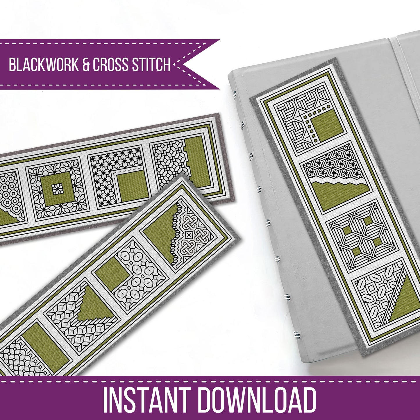 Moss Green Bookmarks - Blackwork Patterns & Cross Stitch by Peppermint Purple