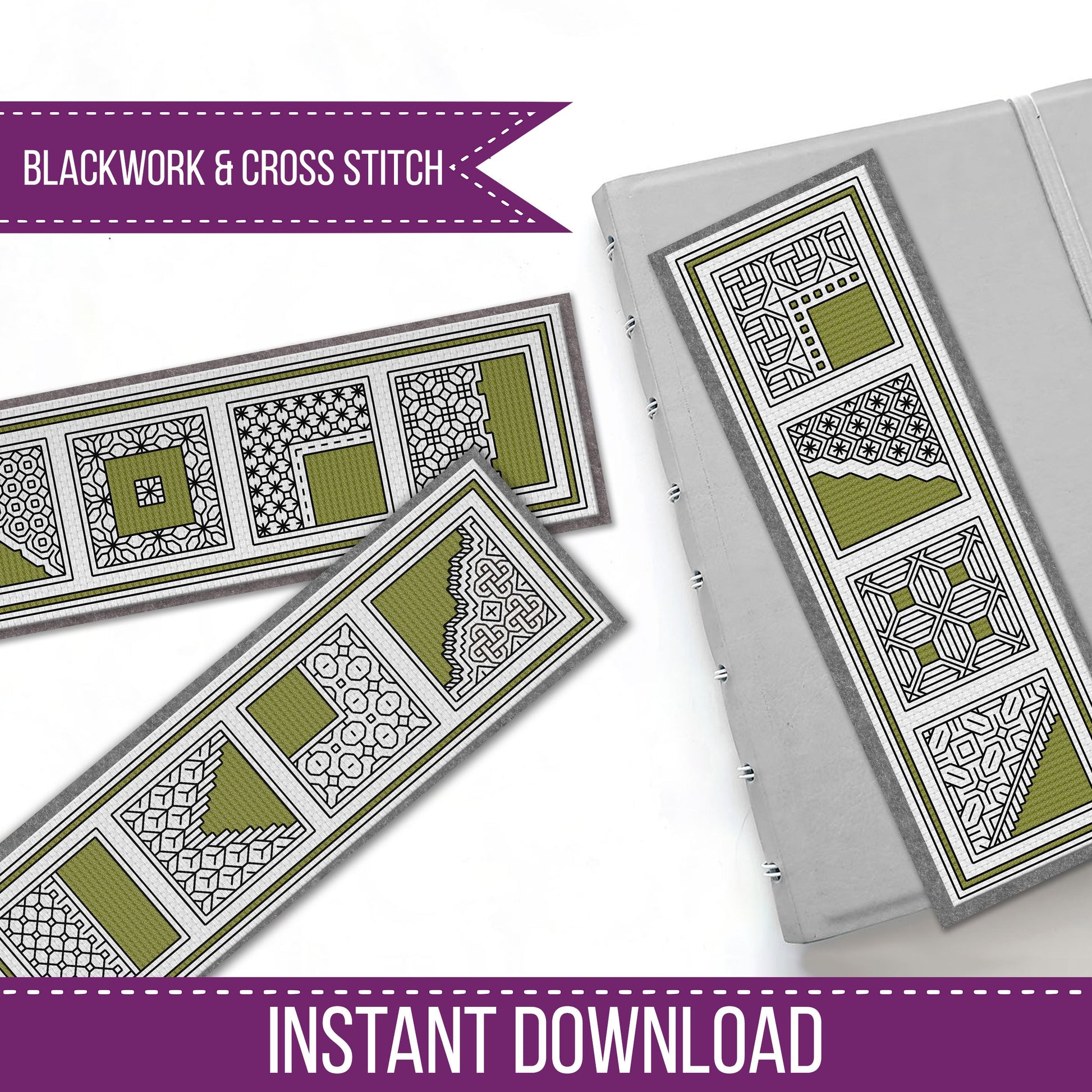 Moss Green Bookmarks - Blackwork Patterns & Cross Stitch by Peppermint Purple